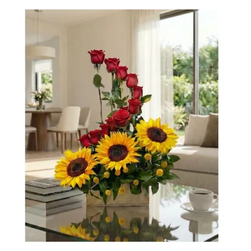 arreglo de rosas y girasoles en Guatemala