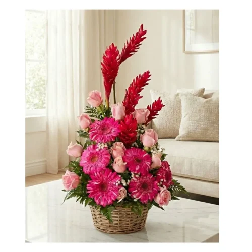 Arreglo floral estilo tropical con gerberas fucsia y flores exóticas rojas. Diseño alegre y duradero.