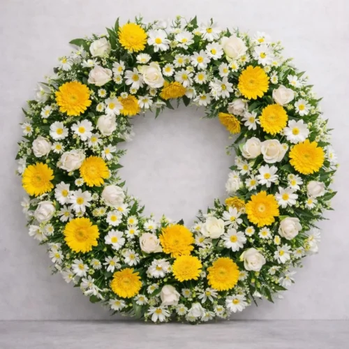 Corona fúnebre con gerberas amarillas y margaritas blancas.