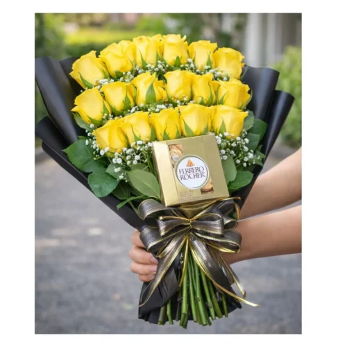Ramo elegante de rosas amarillas con caja de chocolates Ferrero Rocher.