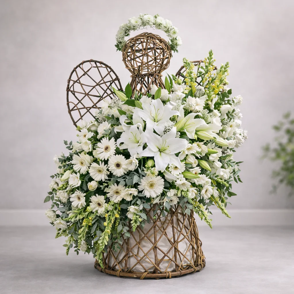 arreglo funerario en forma de ángel con lirios blancos y flores blancas