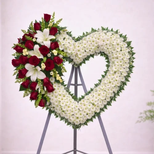 corona funeraria en forma de corazón blanco con rosas rojas y lirios sobre pedestal funerario