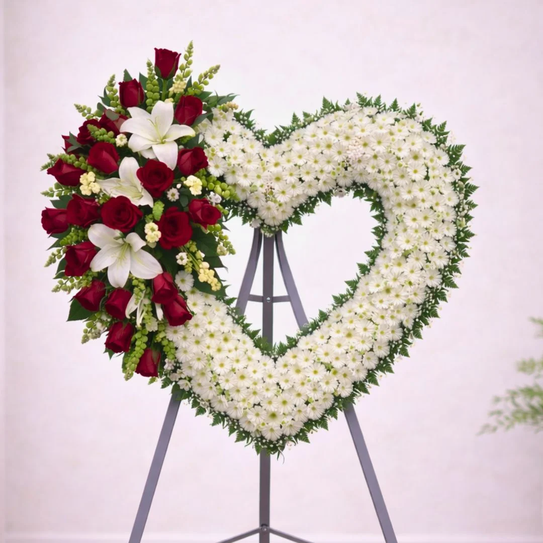 corona funeraria en forma de corazón blanco con rosas rojas y lirios sobre pedestal funerario