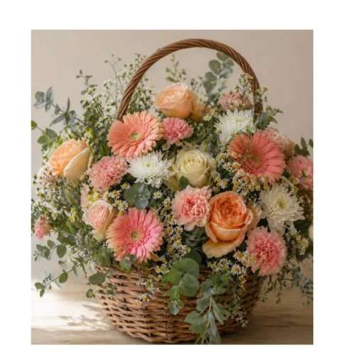 Canasta Jardín Floral con rosas color durazno, gerberas, claveles, crisantemos y follaje en tonos pastel para ocasiones especiales en Guatemala.