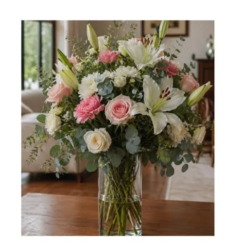 Florero Elegancia de Lirios con lirios blancos, rosas rosadas, rosas blancas, claveles y crisantemos para ocasiones especiales en Guatemala.